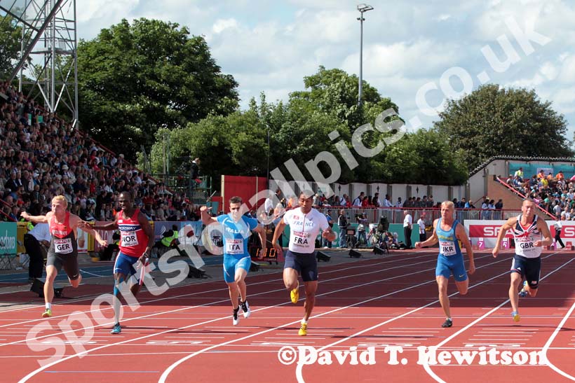 From left to right: Martin Keller (Germany), Jaysuma Saidy Ndure (Norway), Michael Tumi (Italy), Jimmy Vicaut (France), Igor Bodrov (UKraine) and Richard Kilty (GB) in the 100 metres at the European Athletics Team Championships.
